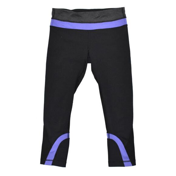 A6 Auth LULULEMON Black Blue Stripes Soulcycle Run Inspire Crop II Pants Size 6 - Picture 2 of 5
